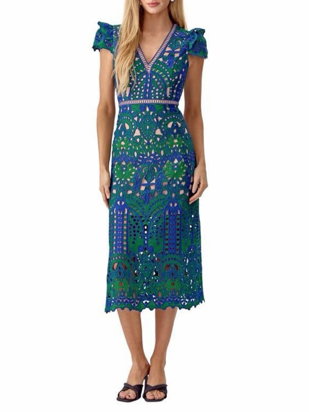 Adelyn Rae Blue Emerald Guipure Lace Short Sleeve Midi Dress Cocktail Dress sz S